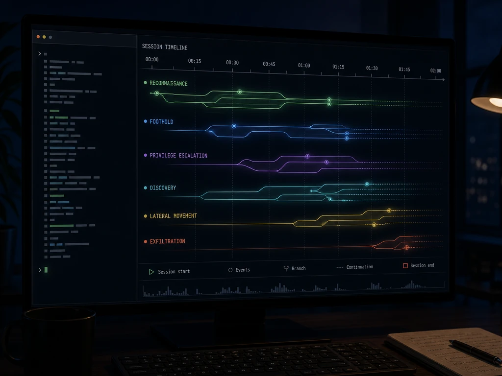 Developer workstation showing a coding agent terminal with a layered timeline of session activity