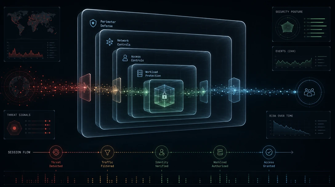 Layered glass boundaries representing runtime security governing actions across a sandboxed environment