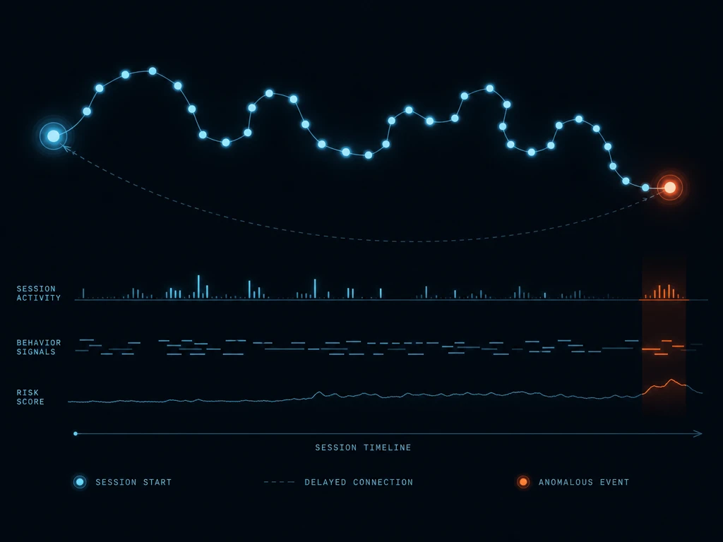 Abstract visualization of a multi-step chain of connected nodes representing a long-horizon agent session with a highlighted anomalous link