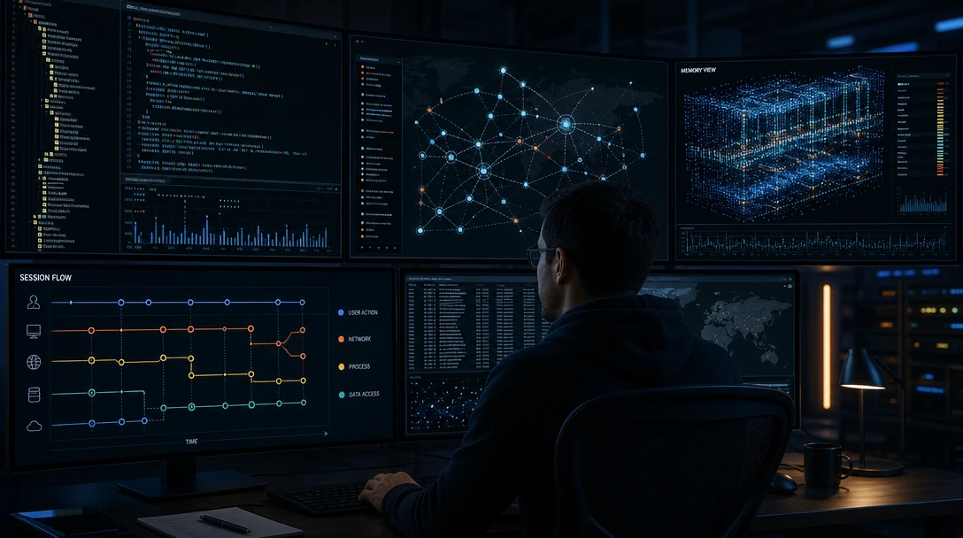 Security engineer monitoring AI agent runtime security across terminal, files, network, and memory