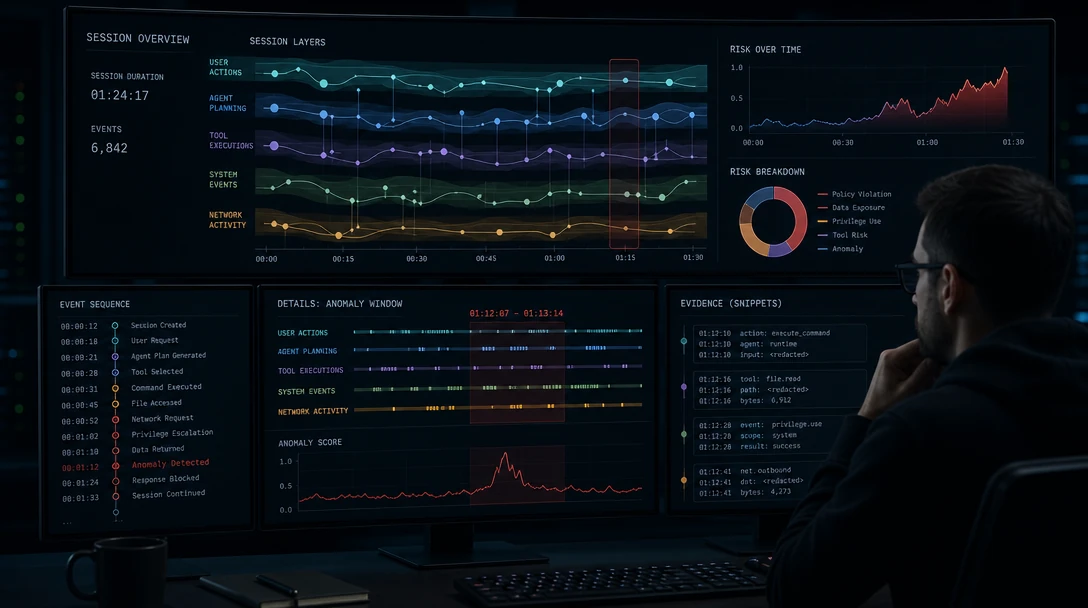 Security engineer reviewing runtime activity of an AI coding agent across multiple monitors