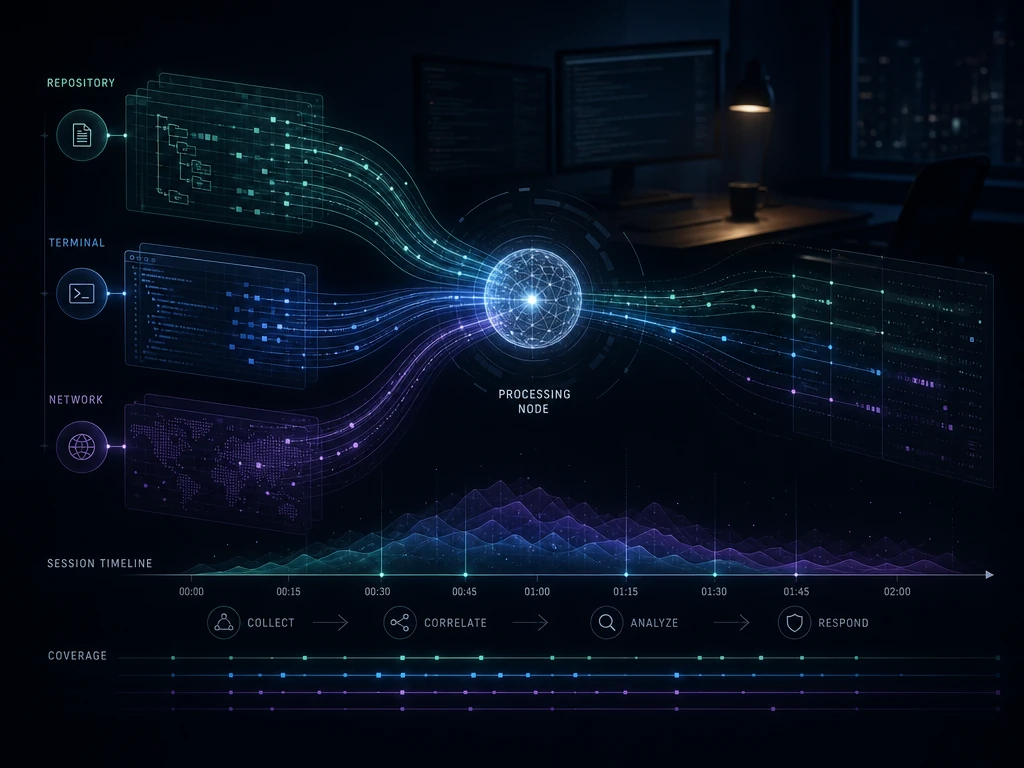 Abstract visualization of a developer workstation with multiple glowing data streams converging from repository files, terminal windows, and network connections