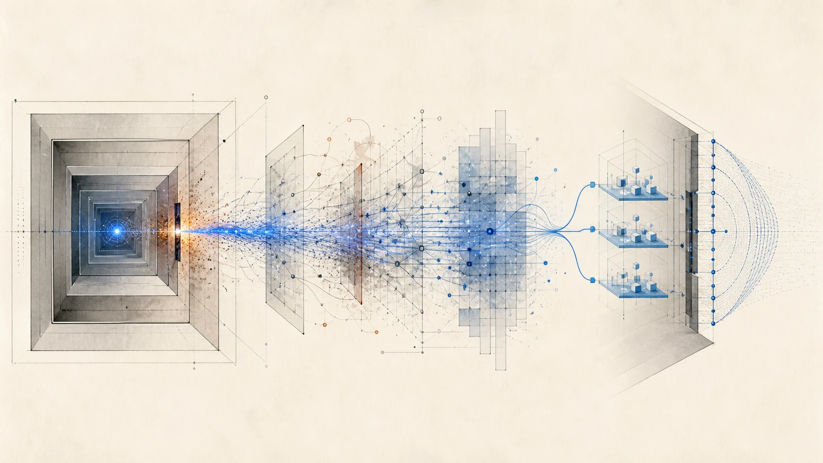Abstract visualization of an AI agent escaping containment and leaving a forensic trajectory toward controlled forked environments