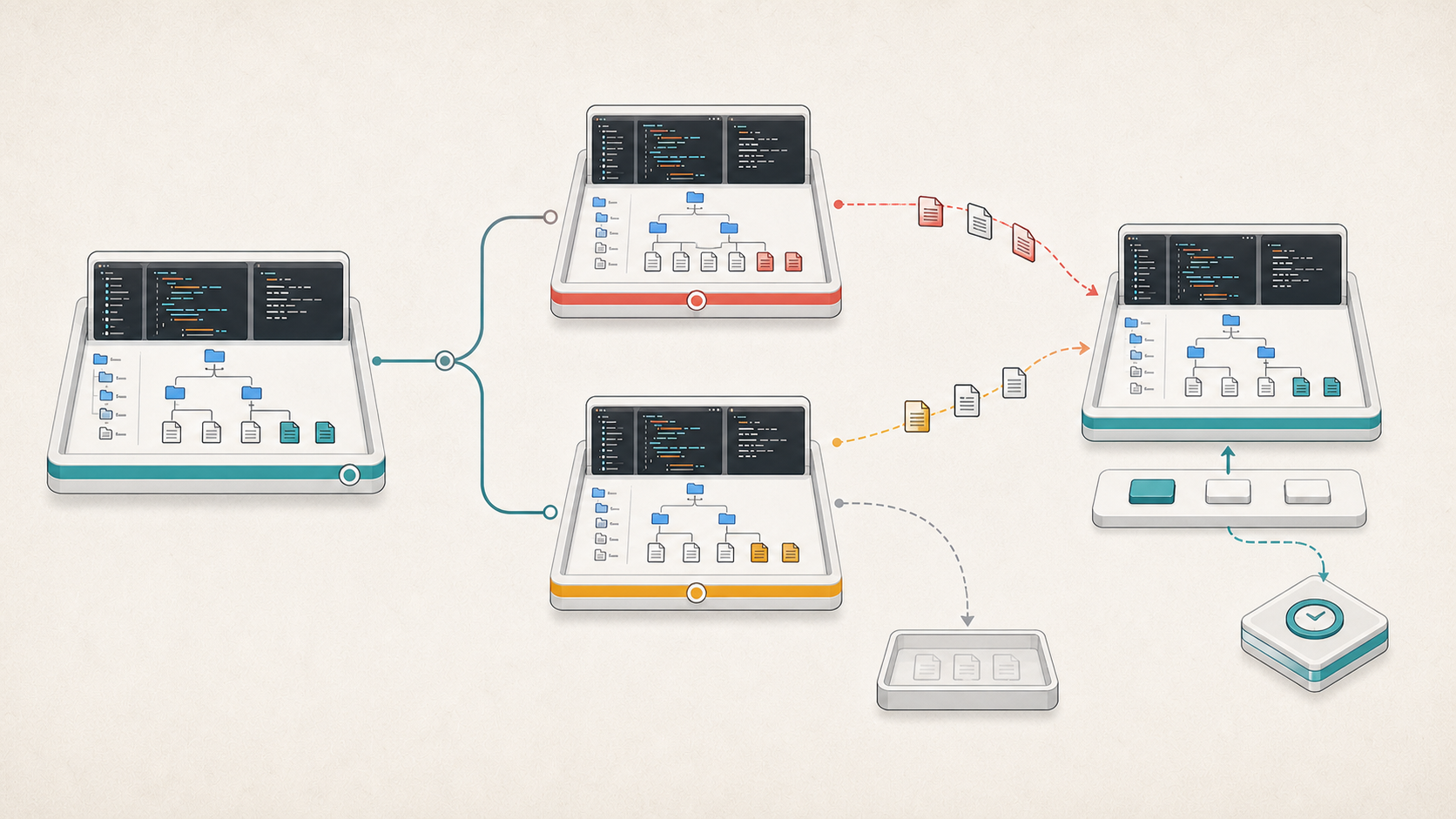 Two live workspace candidates converge through promotion, selective merge, rollback, or discard