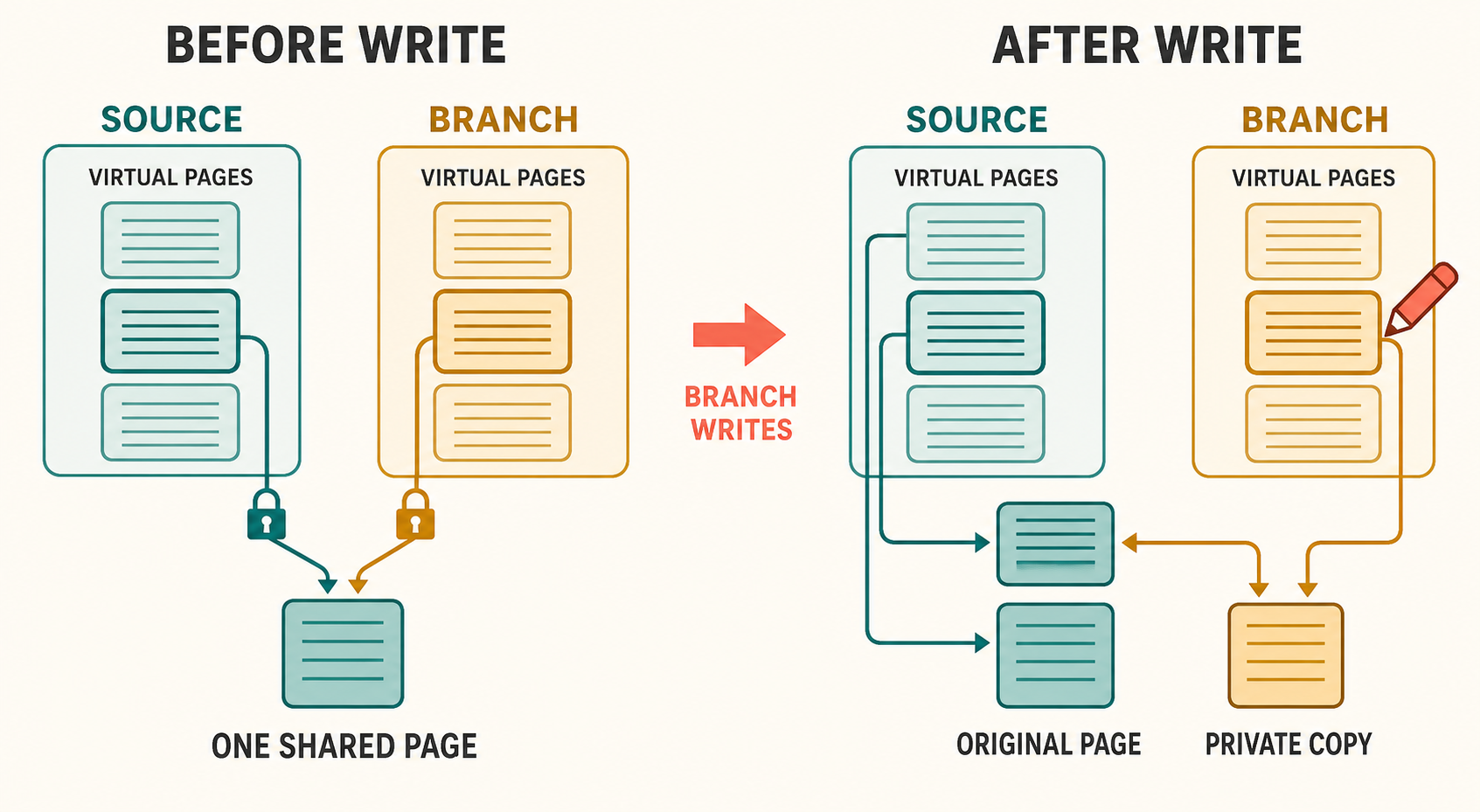 Before-and-after copy-on-write diagram: source and branch virtual pages initially map to one shared physical page; when the branch writes, it receives a private copy while the source keeps the original page