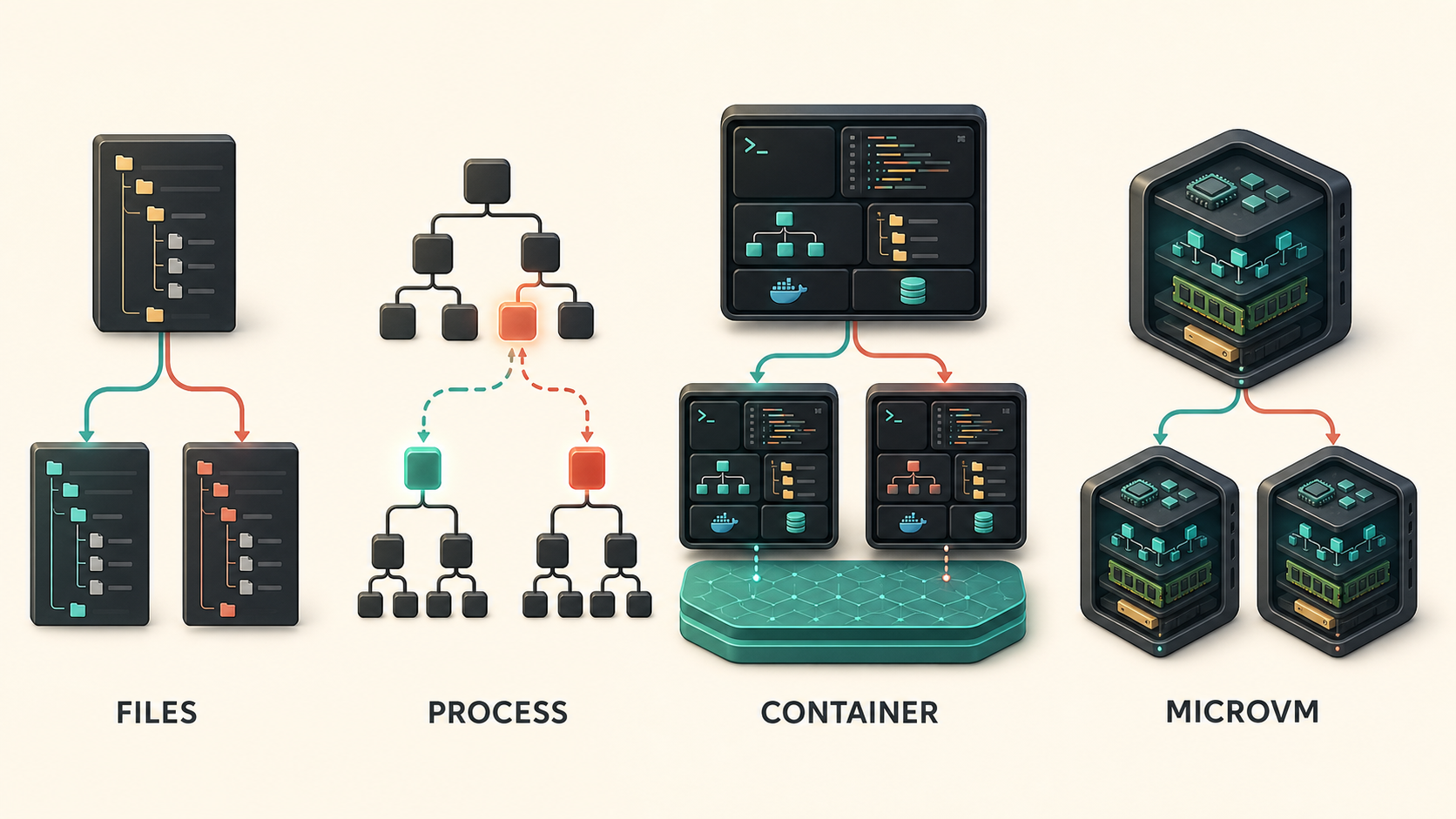 Four workspace fork boundaries compared from left to right: files, one process, a live container, and a complete microVM