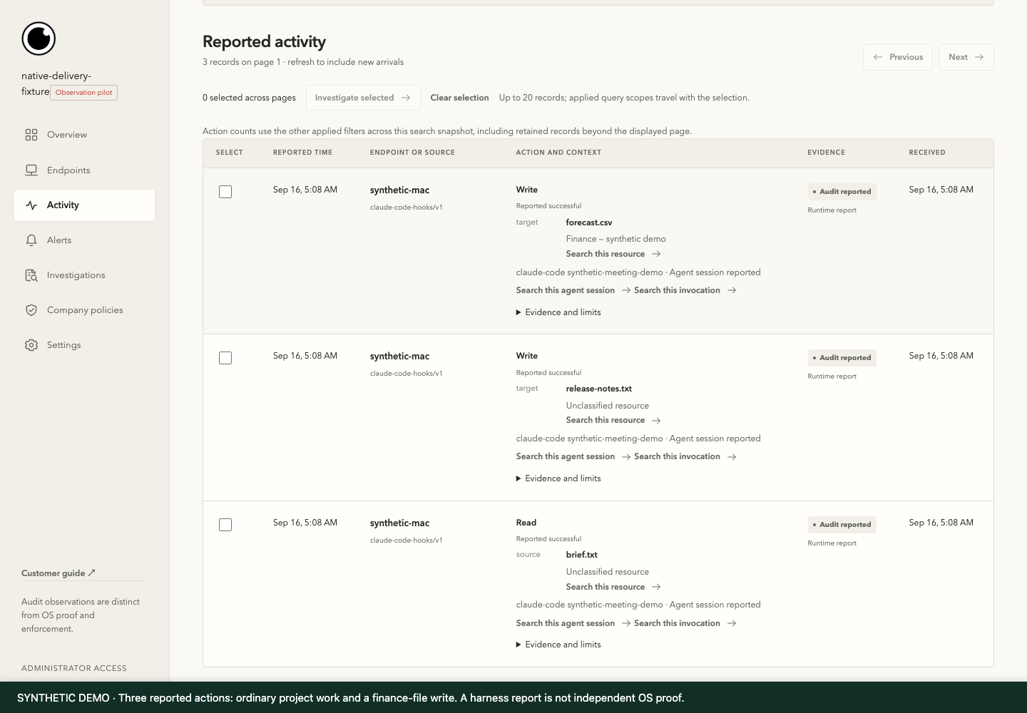 Gensee activity screen using synthetic demonstration data. Numbered annotations explain the important evidence.