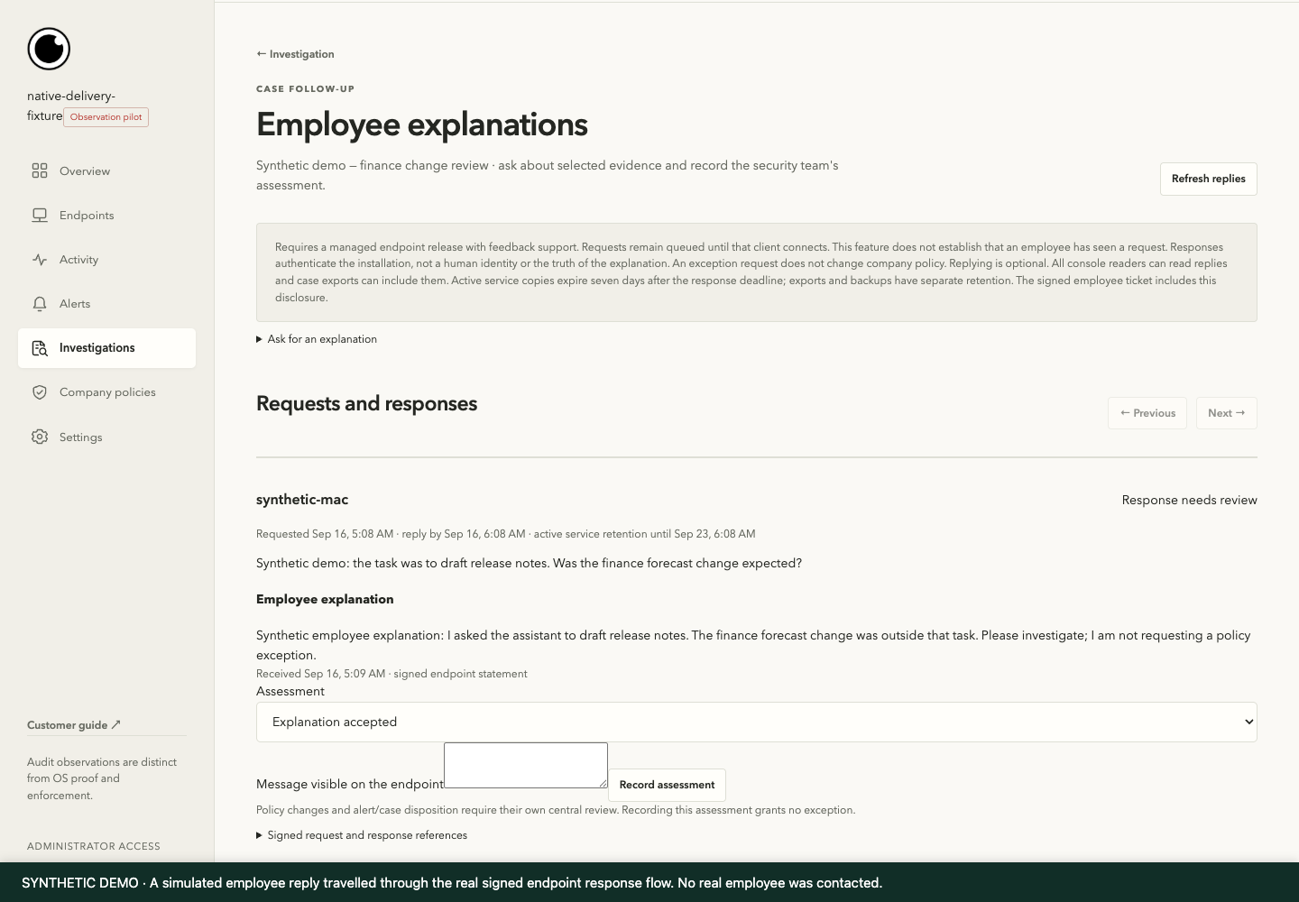 Gensee employee context screen using synthetic demonstration data. Numbered annotations explain the important evidence.