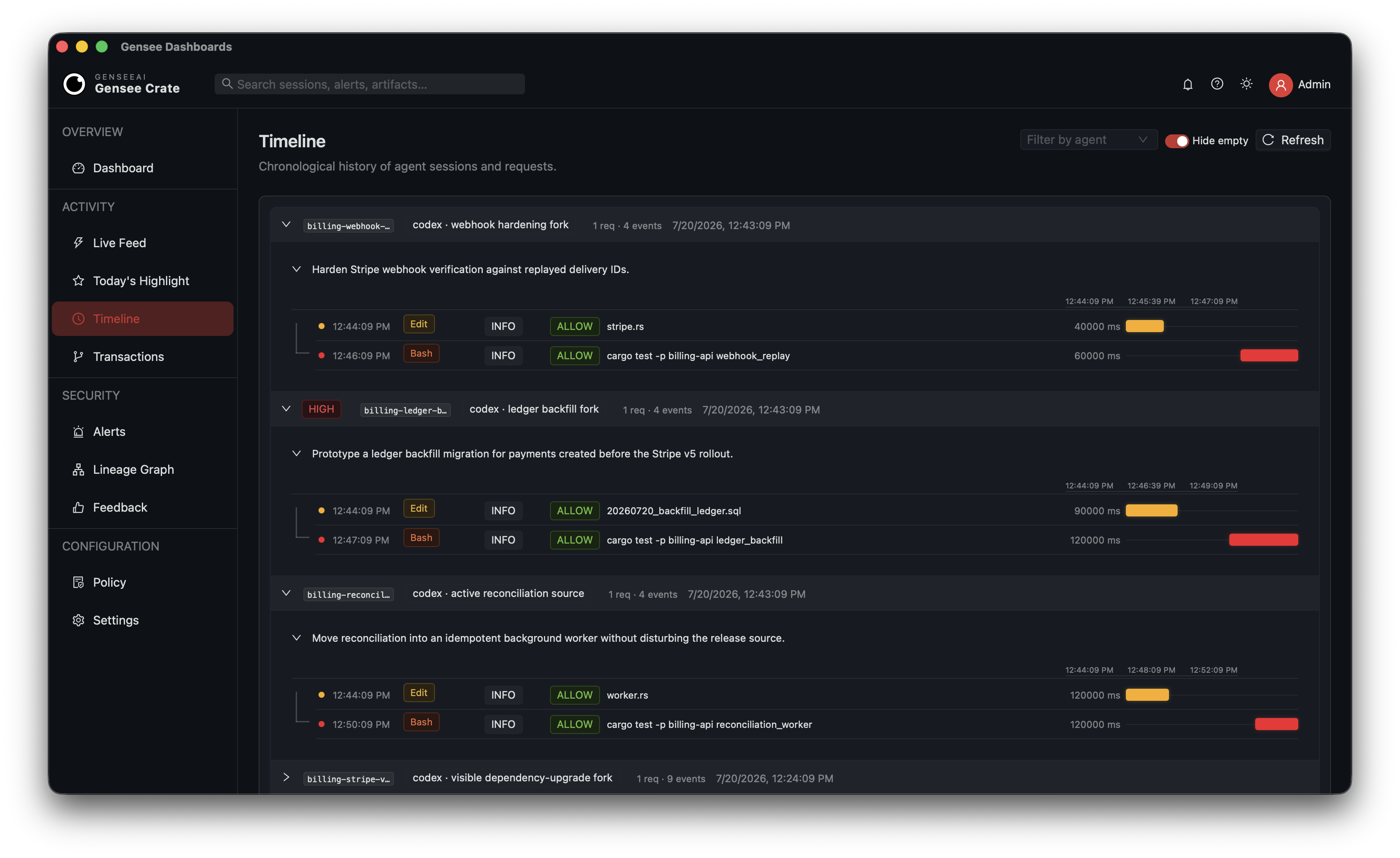 Gensee Crate timeline showing chronological tool events and their durations across agent sessions
