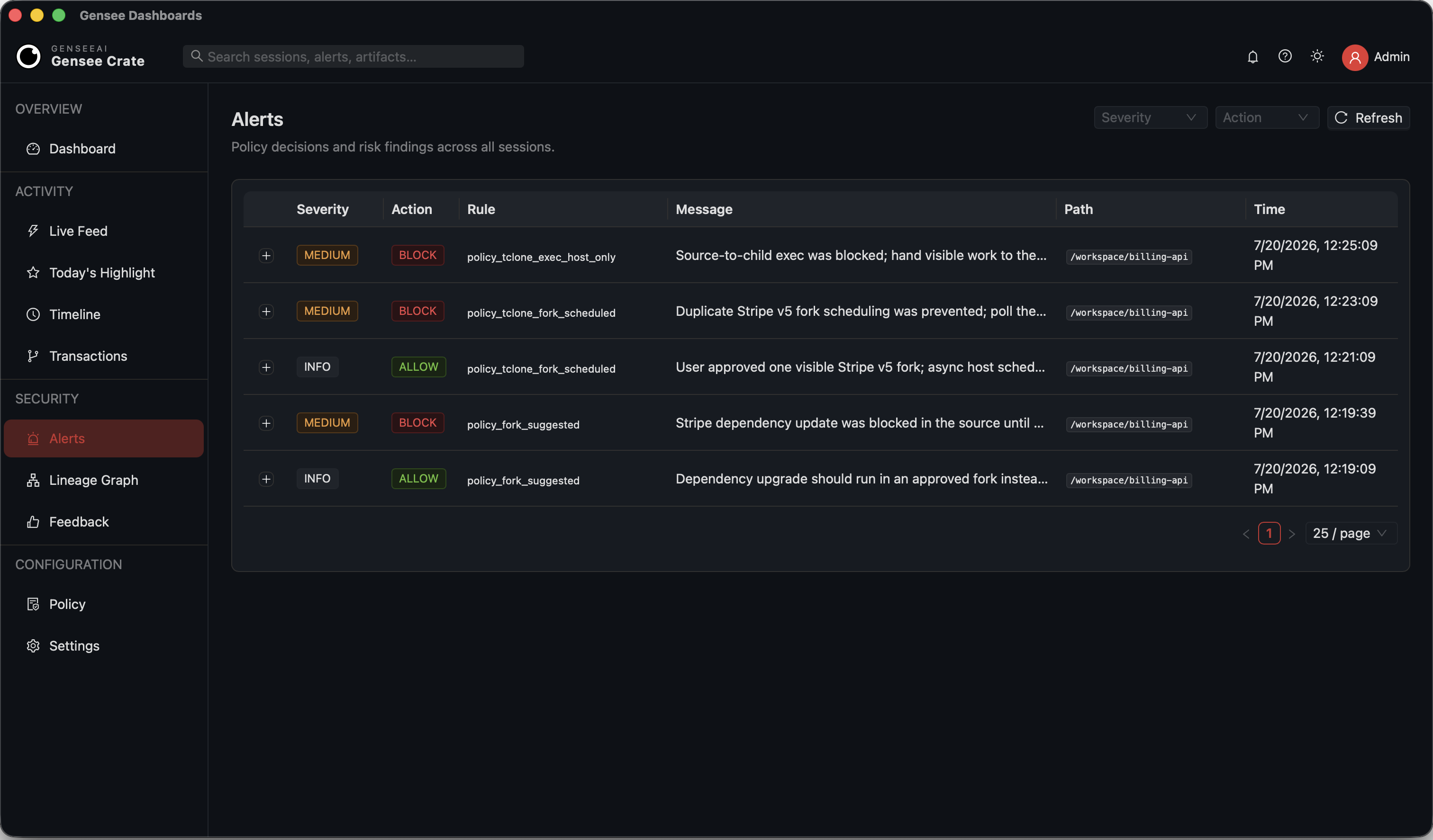 Gensee Crate alerts table showing policy decisions, blocked actions, affected paths, and timestamps