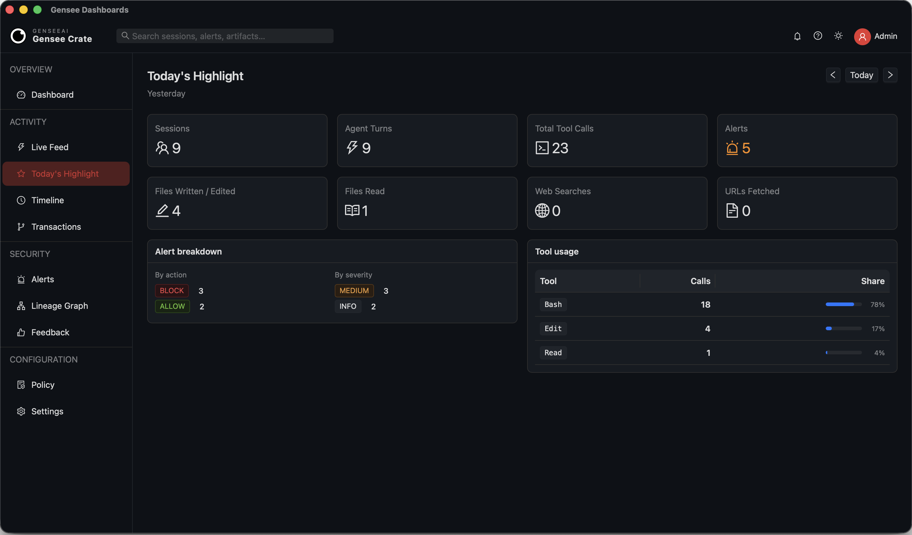 Gensee Crate Today's Highlight view summarizing sessions, tool calls, files, and alerts