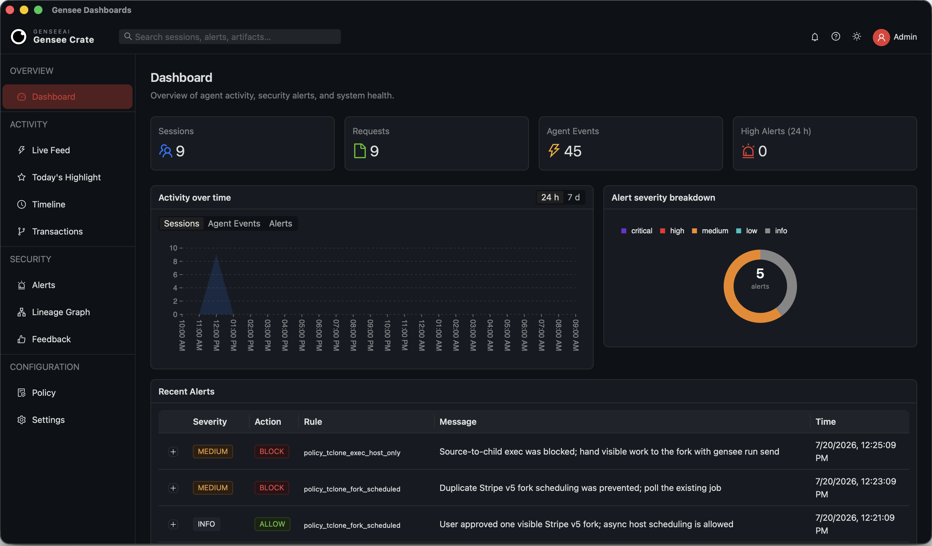 Gensee Crate dashboard overview of agent activity, security alerts, and system health